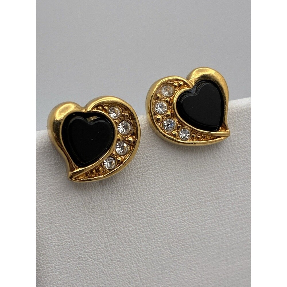 Vintage 80s Avon Earrings Stud Gold Tone Signed Black Heart Stone Rhinestone
